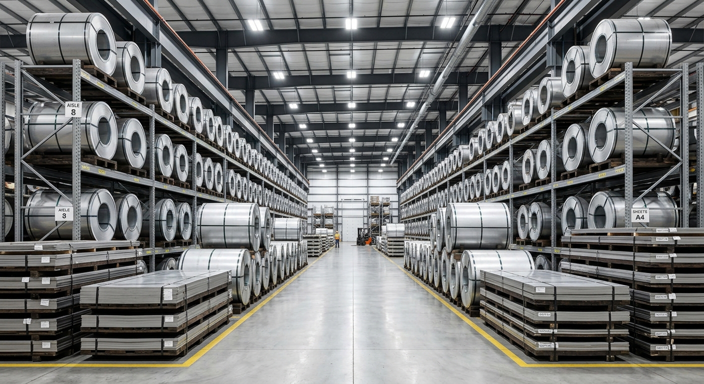 Stacks of stainless steel coils and sheets in warehouse inventory