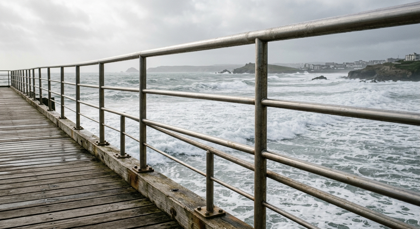 316 stainless steel railing on a coastal pier facing the ocean
