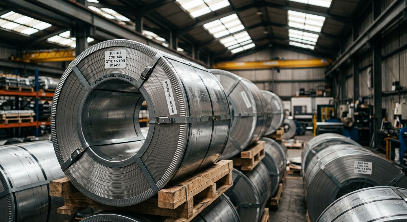 Close-up of stacked stainless steel coils in warehouse