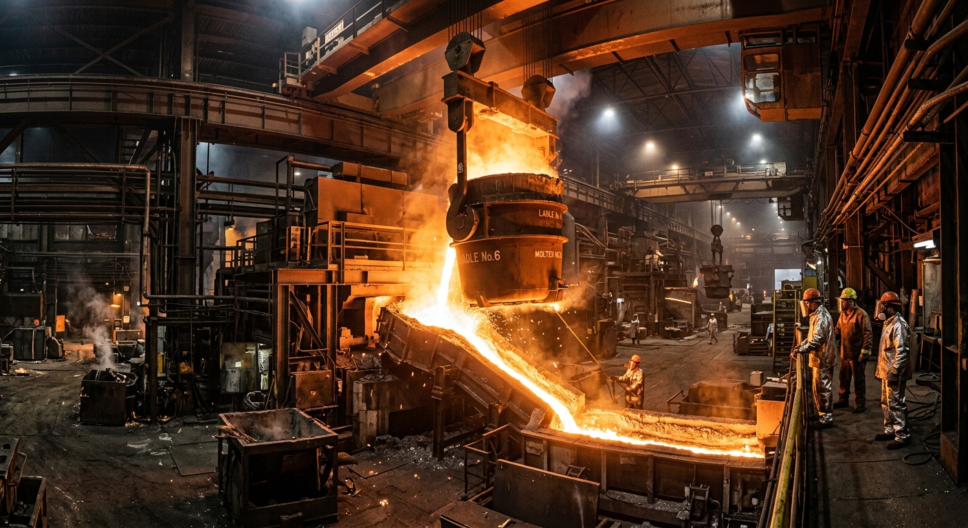 Molten nickel pouring in a metallurgical foundry