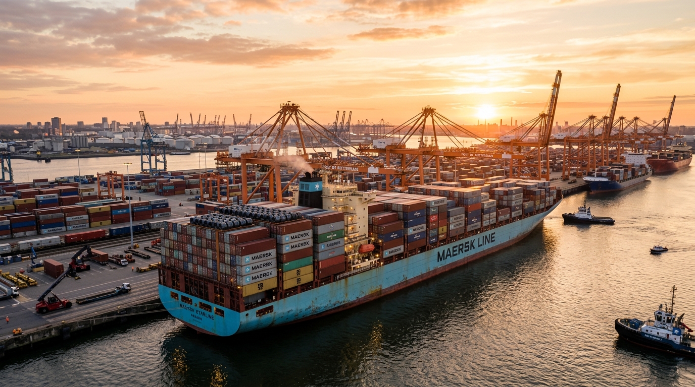 Container ship carrying steel cargo at international port