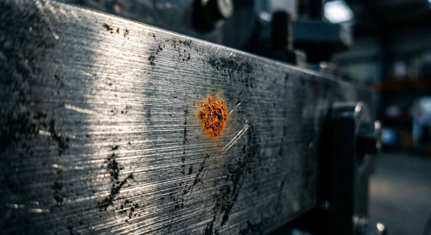 Close-up macro view of rust spot on brushed stainless steel surface