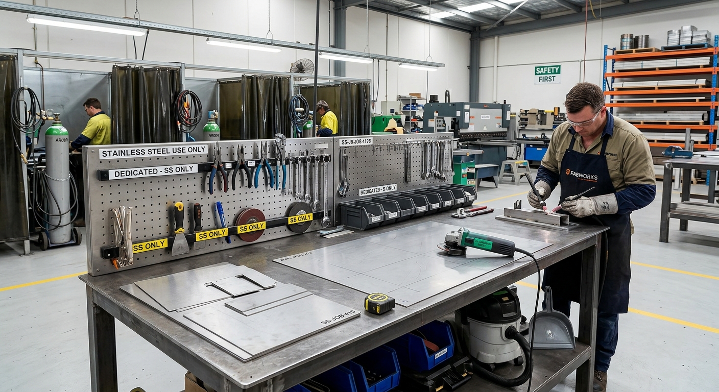 Fabrication workshop with dedicated tools for stainless steel work