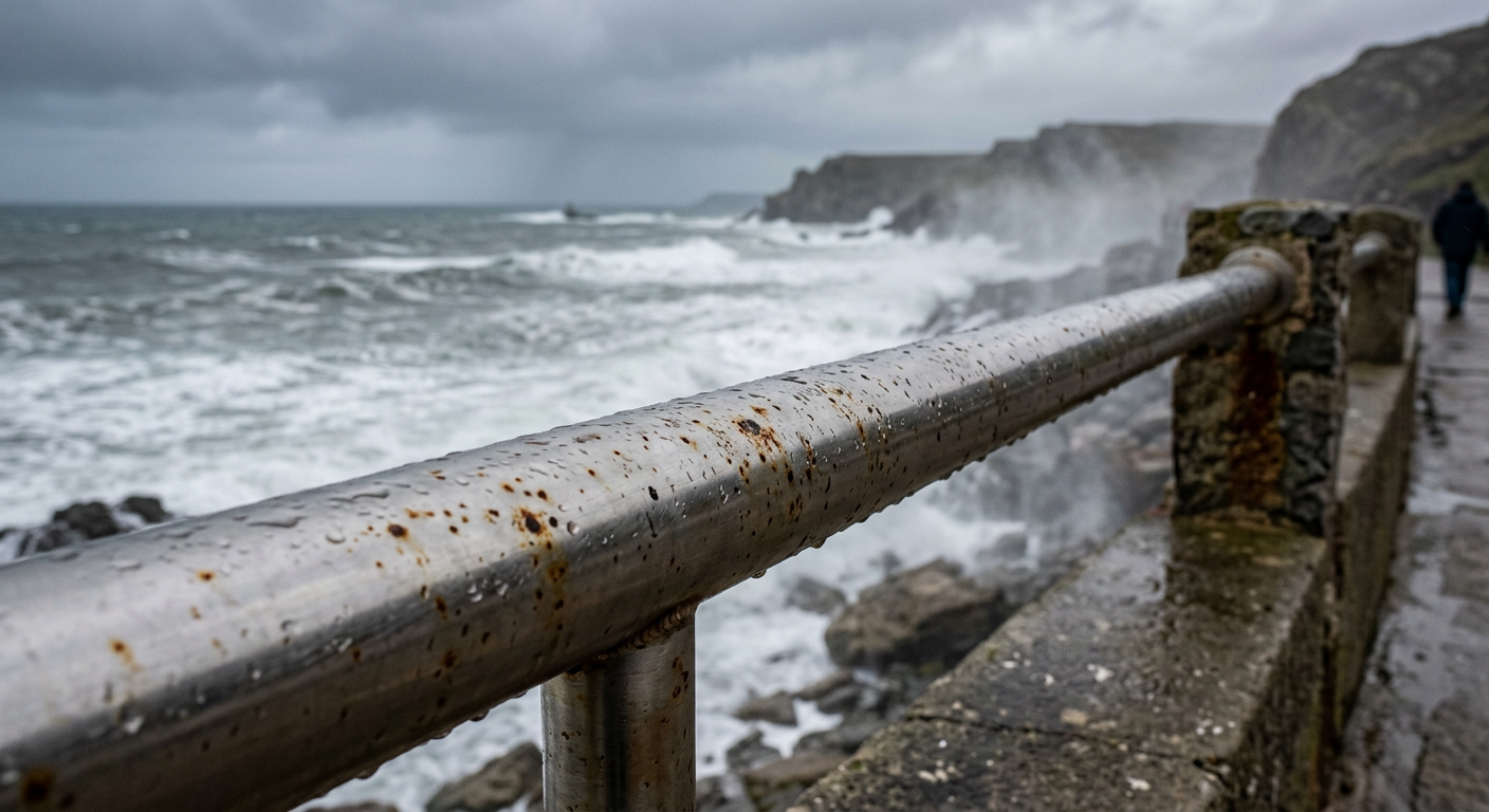 Stainless steel handrail showing chloride pitting corrosion at coastal site