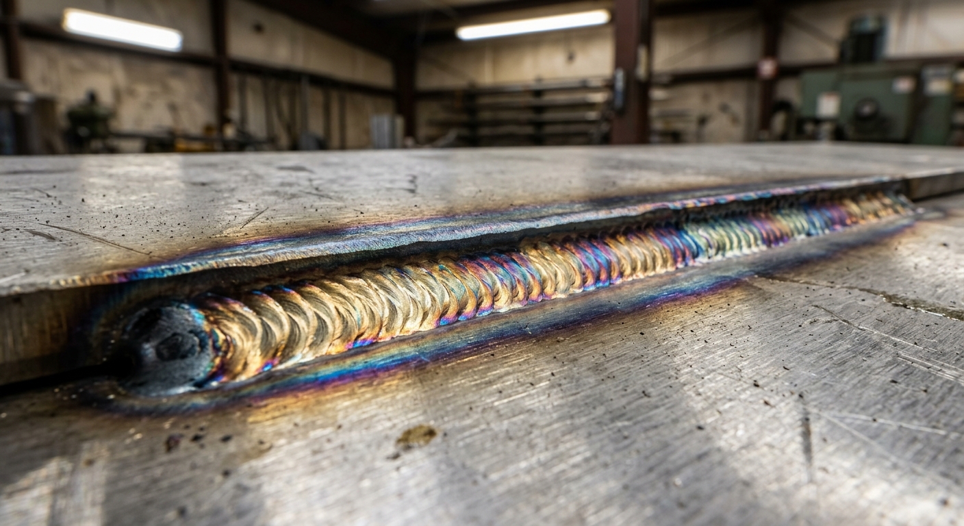 TIG weld on stainless steel showing rainbow heat tint colors