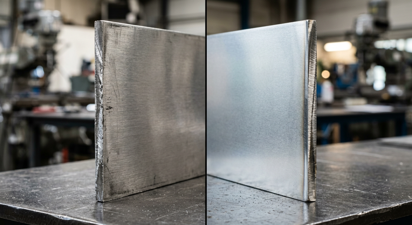 Close-up macro of stainless steel sheet edge showing material texture
