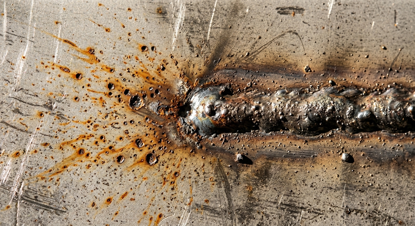 Stainless steel surface showing rust staining and pitting corrosion