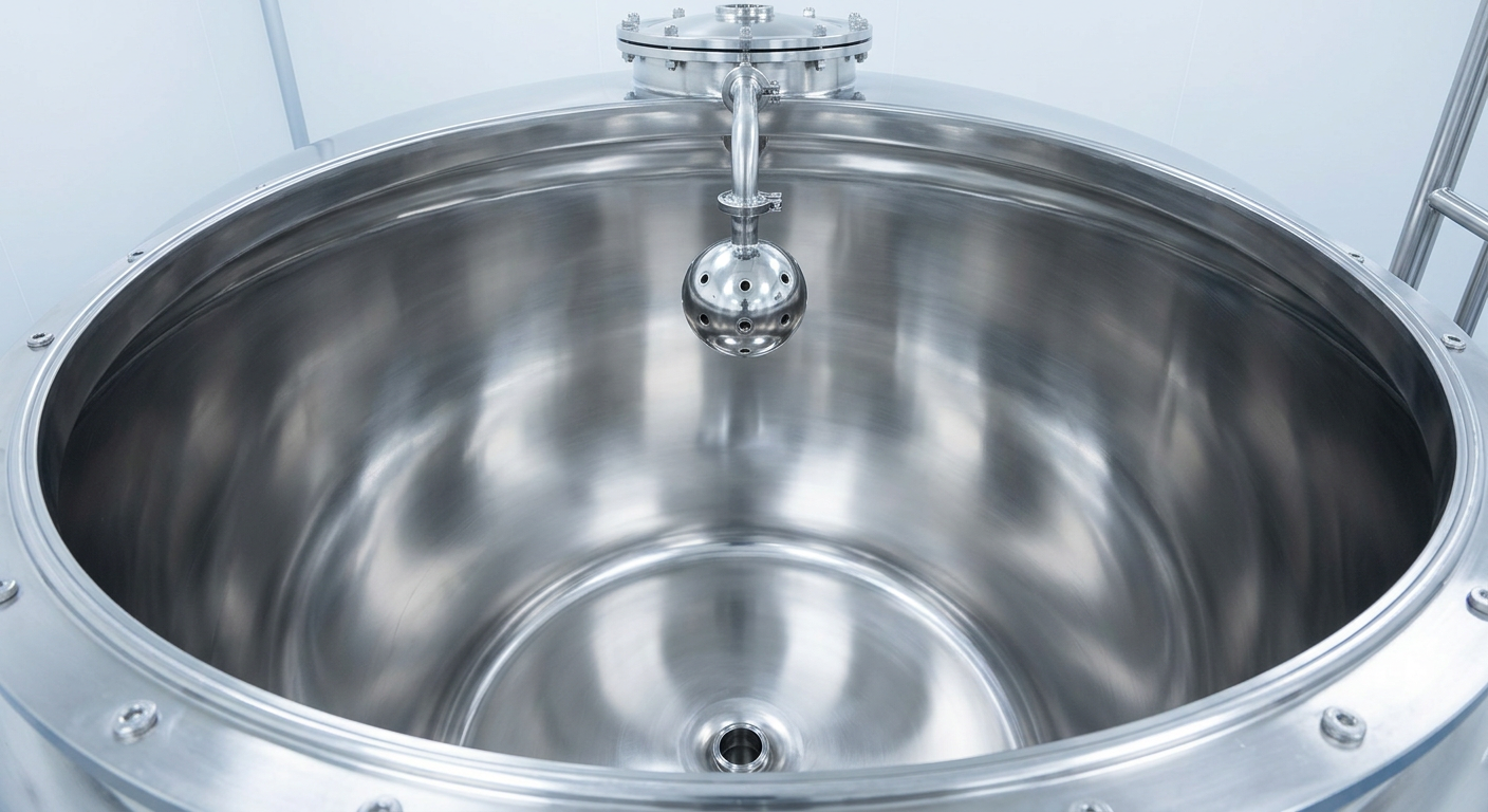 Interior of polished 316L stainless steel food processing tank with CIP spray ball