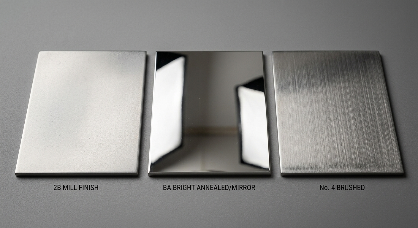 Comparison of 2B, BA mirror, and No.4 brushed stainless steel surface finishes
