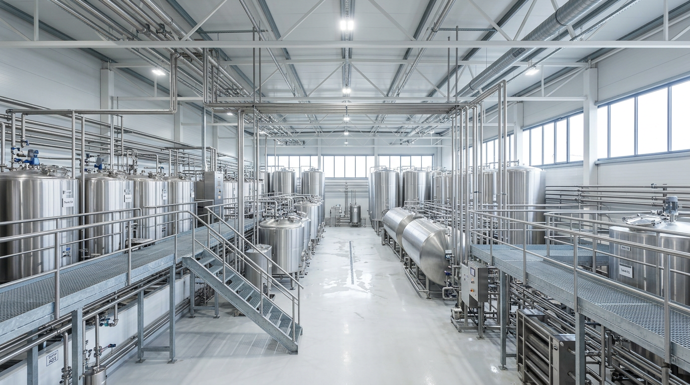 Modern food processing plant with stainless steel tanks and piping network