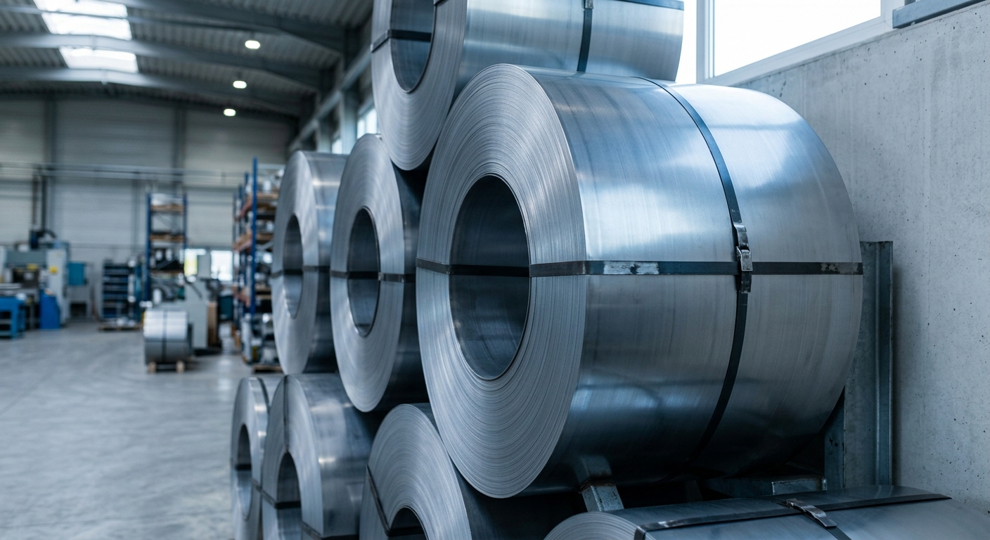 Stacked stainless steel cold-rolled coils close-up