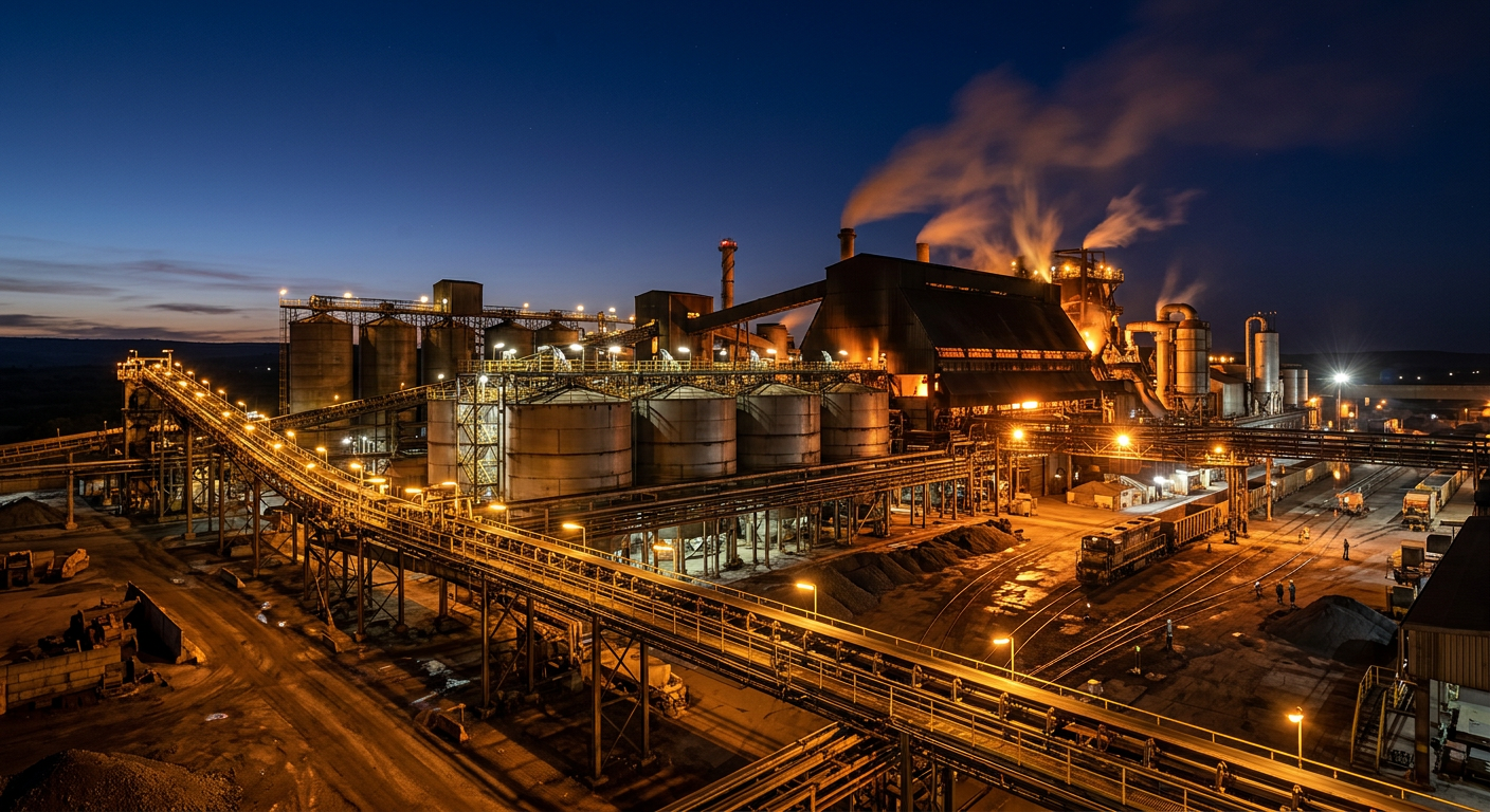 Ferrochrome smelting facility exterior at dusk