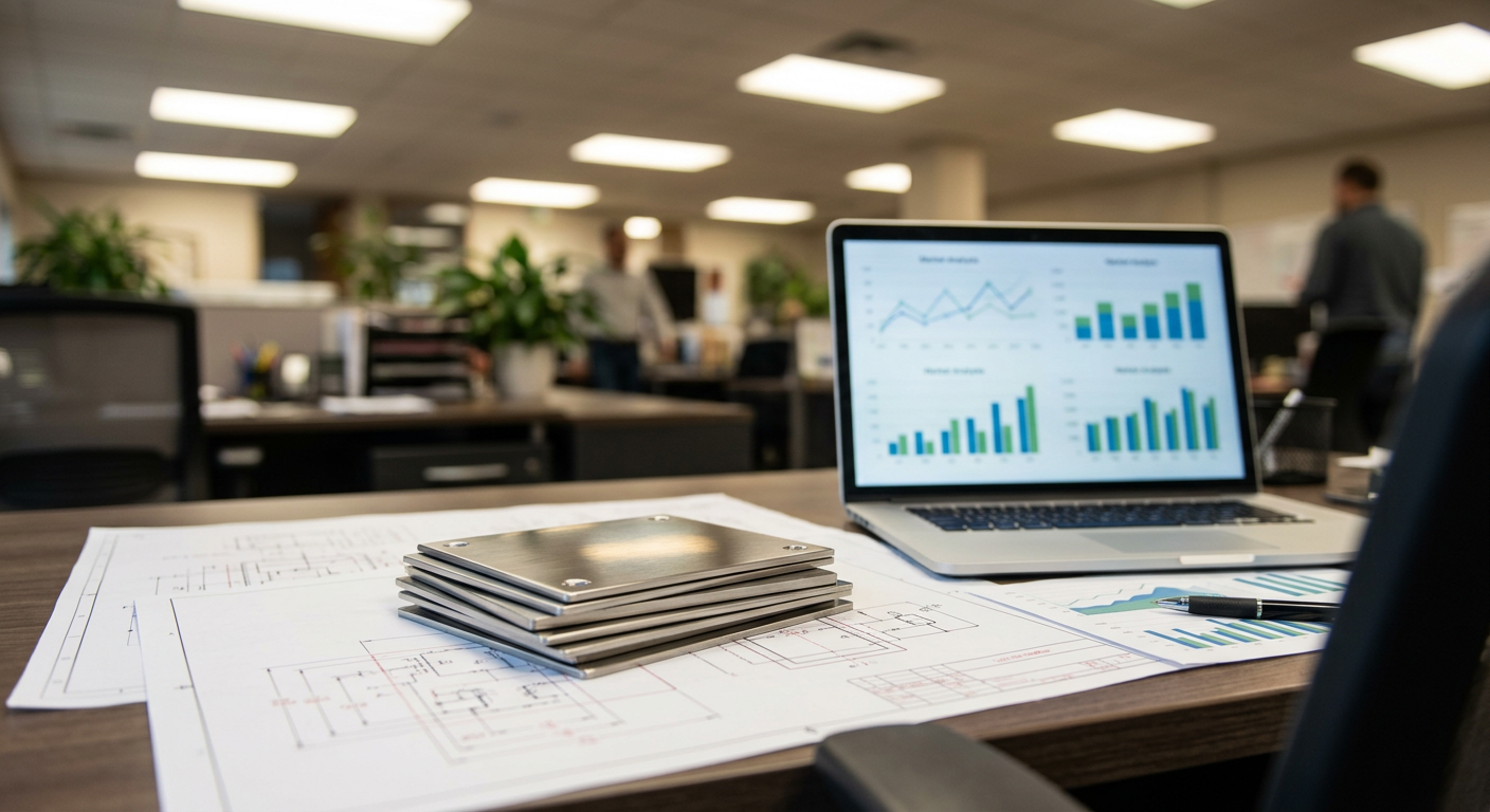 Procurement desk with stainless steel samples and market data