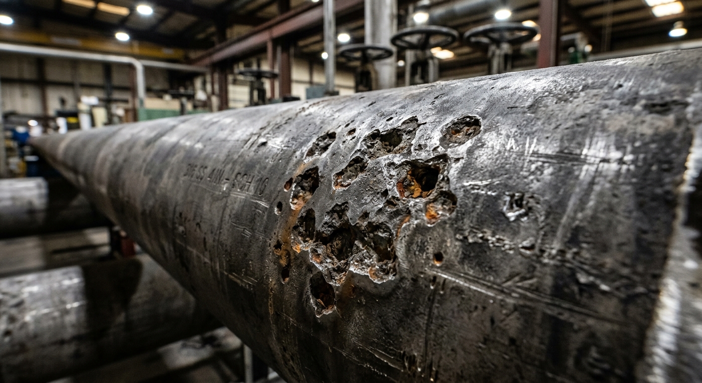Pitting corrosion damage on stainless steel pipe surface