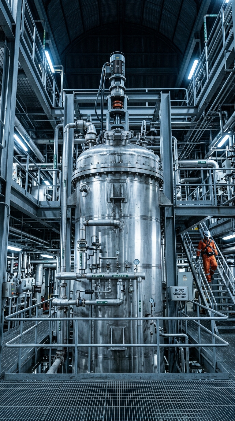 Stainless steel chemical reactor vessel in industrial plant