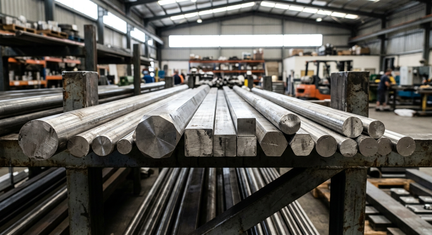 Round, square, and hexagonal stainless steel bar stock compared side by side