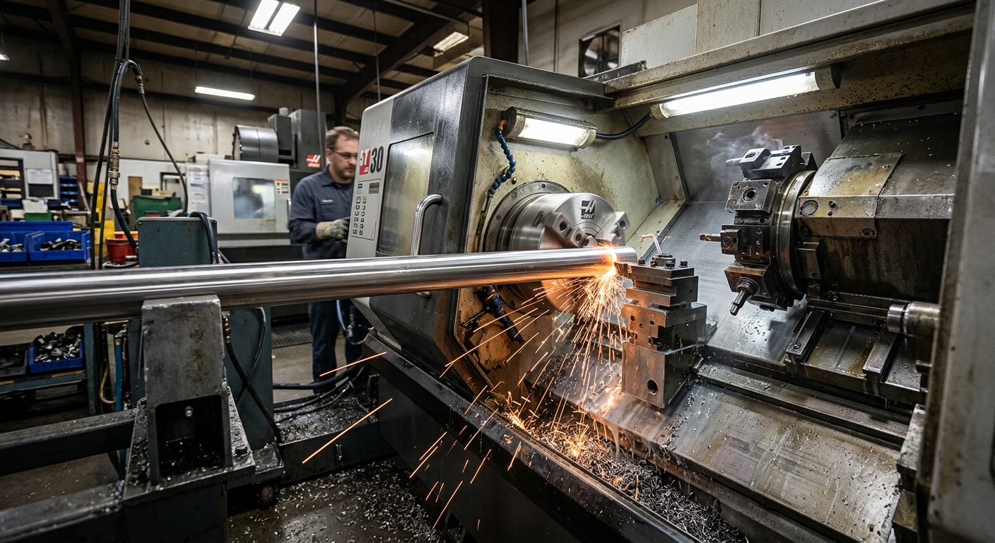 Stainless steel round bar being machined on a CNC lathe