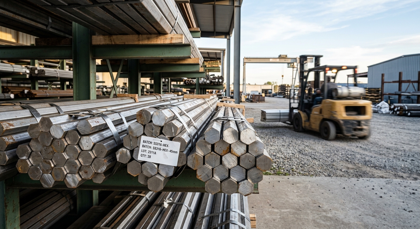 Bundles of hexagonal stainless steel bar stock in a distribution yard
