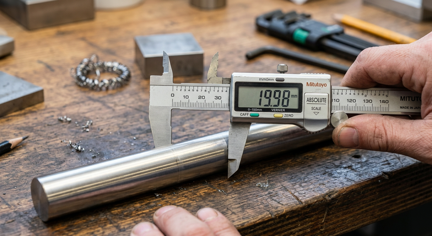 Caliper measuring the diameter tolerance of a polished stainless steel round bar