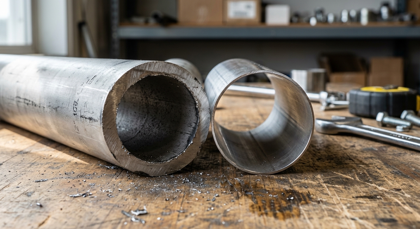 Close-up of stainless steel pipe end and tube end showing wall thickness comparison