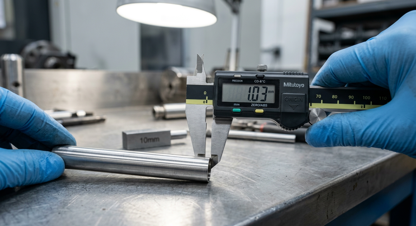 Precision caliper measuring wall thickness of a stainless steel tube sample
