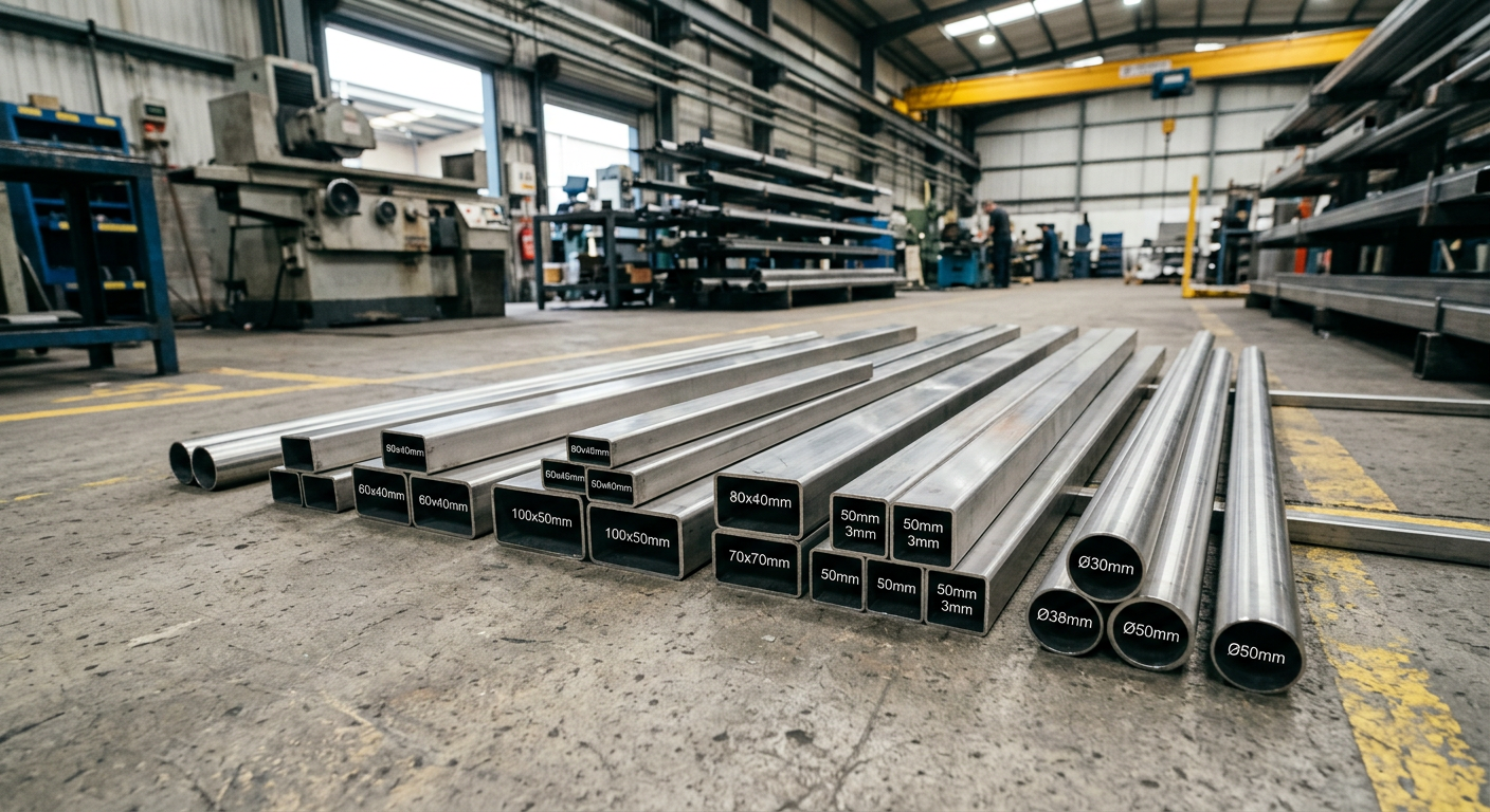 Round, square, and rectangular stainless steel tubes arranged in an industrial facility