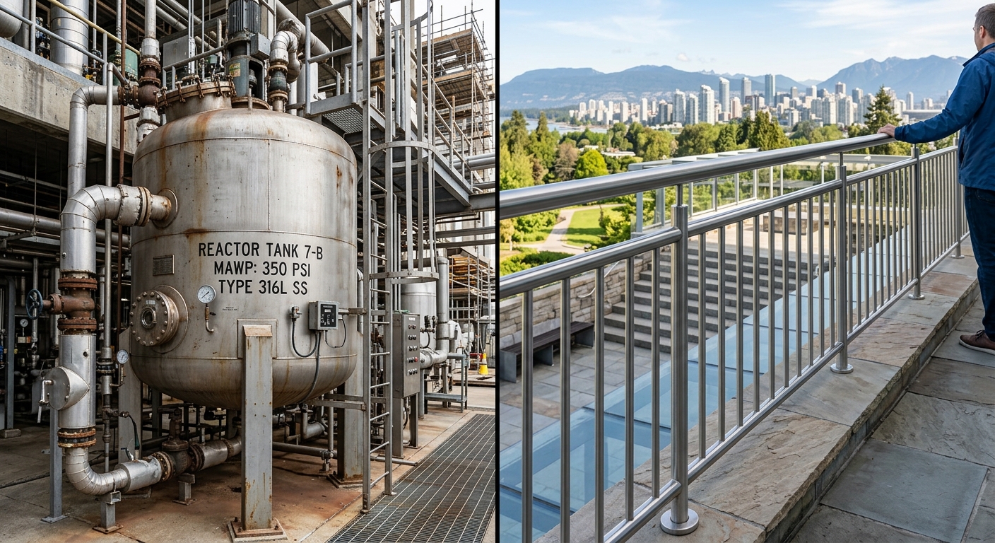 Stainless steel pressure vessel piping contrasted with decorative stainless tube railing